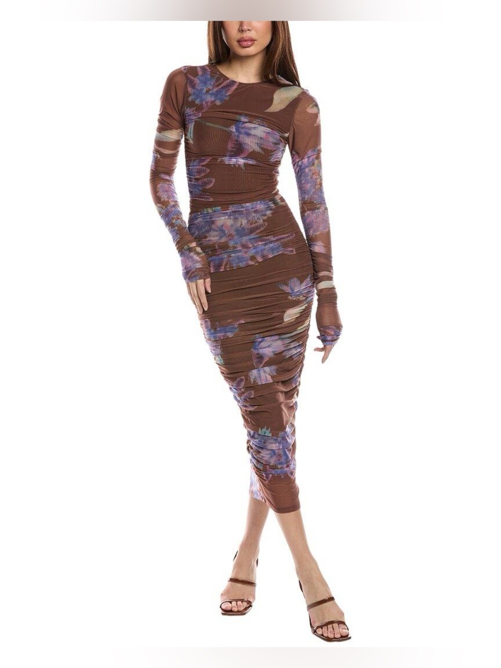 Rococo Sand Shay Floral Midi Dress Brown Ruched Bodycon Long Sleeve XS
